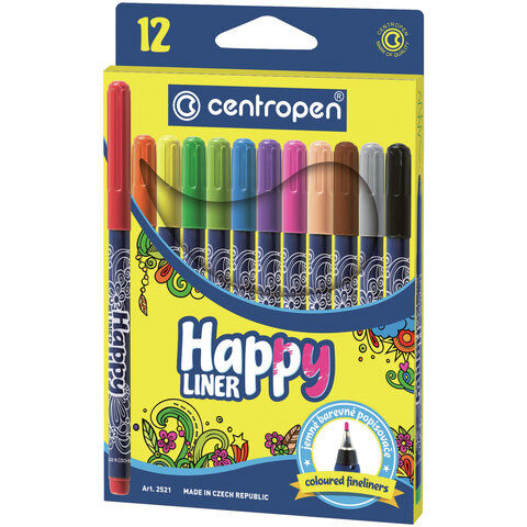 Ручки капиллярные (линеры) 12 ЦВЕТОВ CENTROPEN "Happy Liner", линия письма 0,3 мм, 2521/12