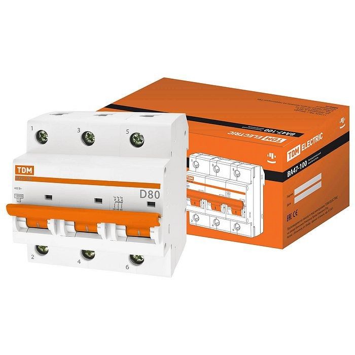 Автоматический выключатель TDM ВА47-100 3P 80А (D) 10кА, SQ0207-0032