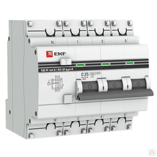 Выключатель автоматический диф. тока 3п+N C 50А 30мА тип AC 4.5кА АД-32 PROxima EKF DA32-50-30-4P-pro 